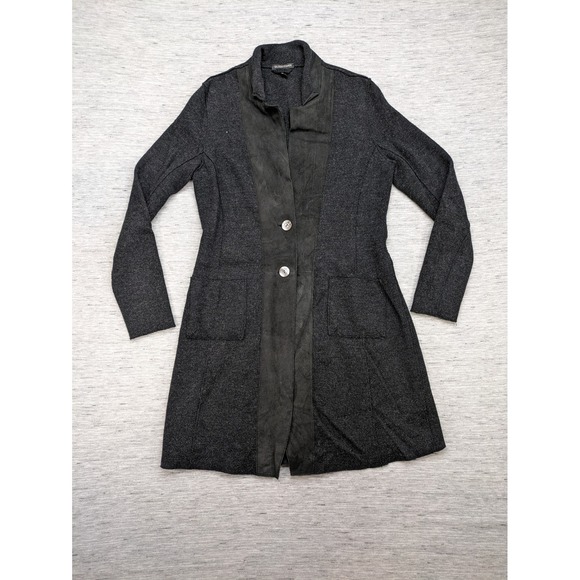 Eileen Fisher Merino Wool Lamb Leather‎ Trim Button Front Coatigan XS Minimalist - Picture 1 of 12